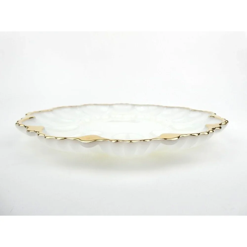 Vintage‎ Anchor Hocking Milk Glass Deviled Egg Plate With Gold Trim